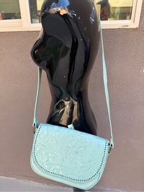 Alexis David Tooled Leather Crossbody Bag Mint Green Whipstitch NWOT Mexico